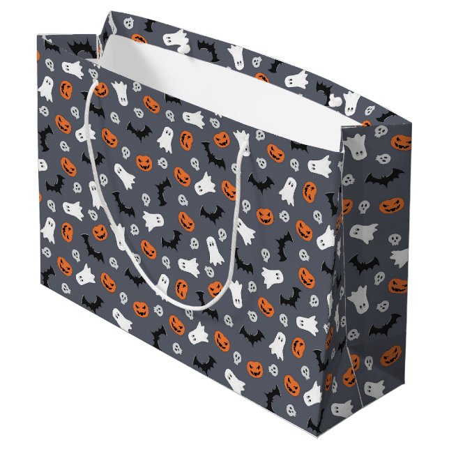 Cute Halloween Ghosts, Pumpkins, Skulls, Bats  Large Gift Bag (Back Angled)