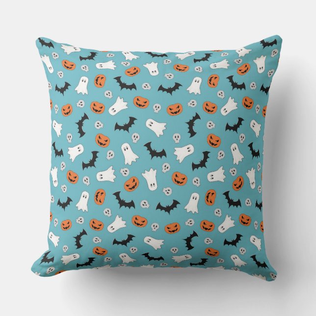 Cute Halloween Ghosts, Pumpkins, Skulls, Bats  Throw Pillow (Front)