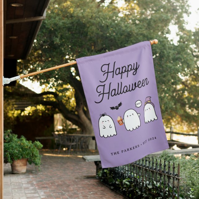 Cute Halloween Ghosts Purple House Flag (In SItu)