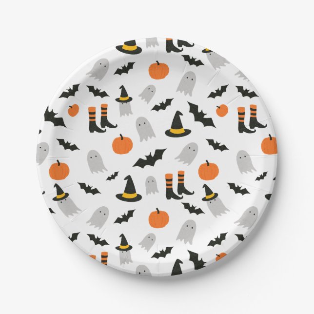 Cute Halloween Ghosts Witch Seamless Pattern Paper Plates (Front)