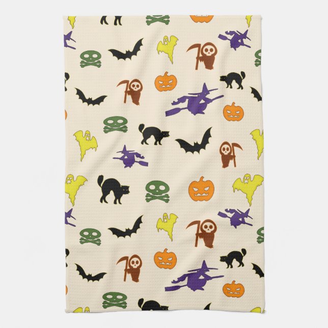 Cute Halloween ghosts witches doodle Pattern Kitchen Towel (Vertical)
