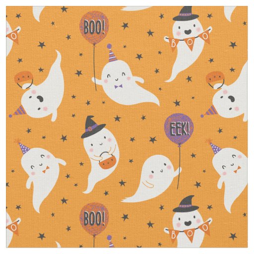 Cute Halloween Ghosts with balloons on orange Fabric