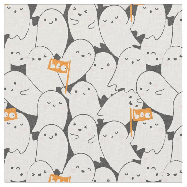 Cute Halloween Ghosts with little orange flags Fabric (Close Up)