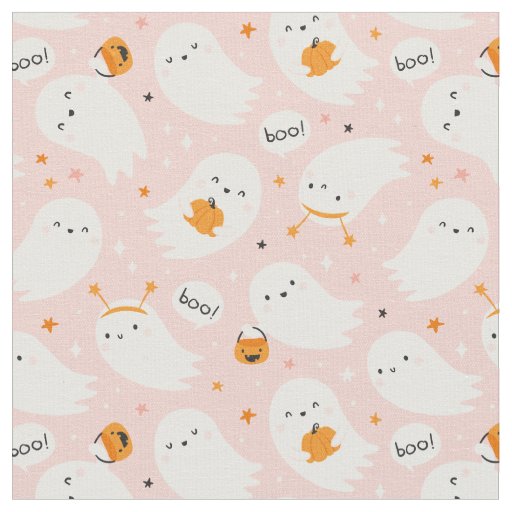 Cute Halloween Ghosts with pumpkins on light pink Fabric
