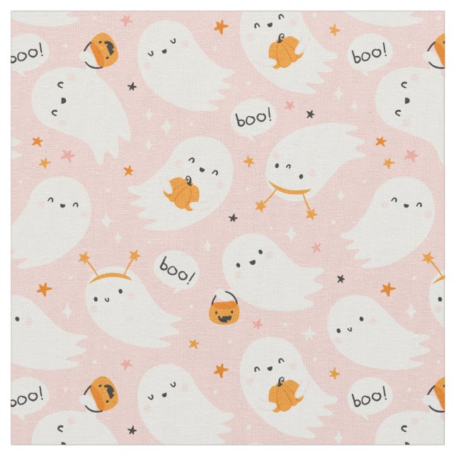 Cute Halloween Ghosts with pumpkins on light pink Fabric (Close Up)