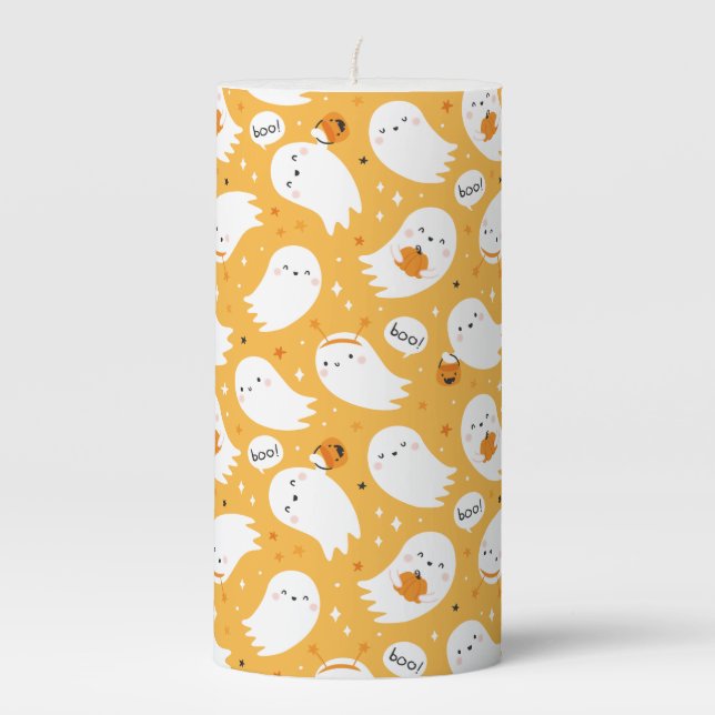 Cute Halloween Ghosts with pumpkins on orange Pillar Candle (Front)