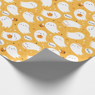Cute Halloween Ghosts with pumpkins on orange Wrapping Paper