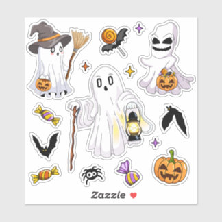 Cute Halloween Ghosts with Witch Hat Lanterns Bats Sticker