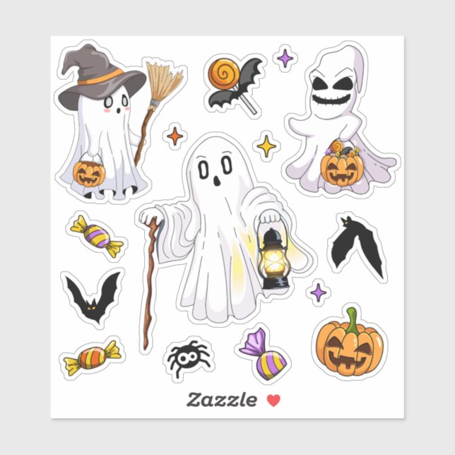 Cute Halloween Ghosts with Witch Hat Lanterns Bats Sticker (Sheet)