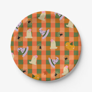 Cute Halloween Gingham Ghost Witch Hat Paper Plates