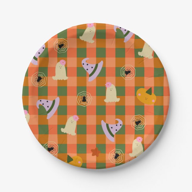 Cute Halloween Gingham Ghost Witch Hat Paper Plates (Front)