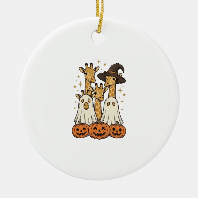 Cute Halloween Giraffe Ghost Pumpkin Shirt Design_ Ceramic Ornament (Front)