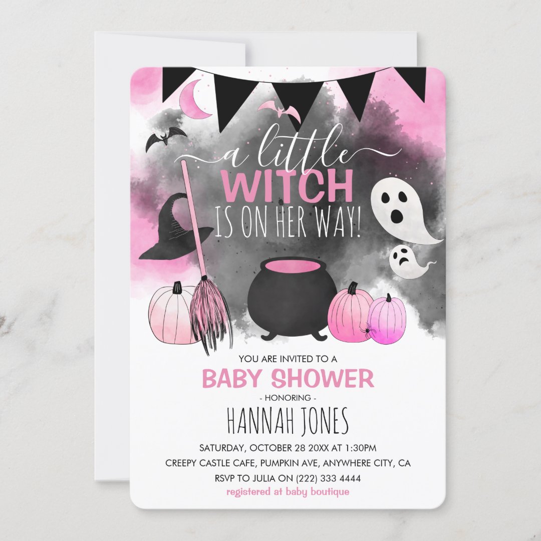 Cute Halloween Girls Pink Baby Shower Invitation | Zazzle