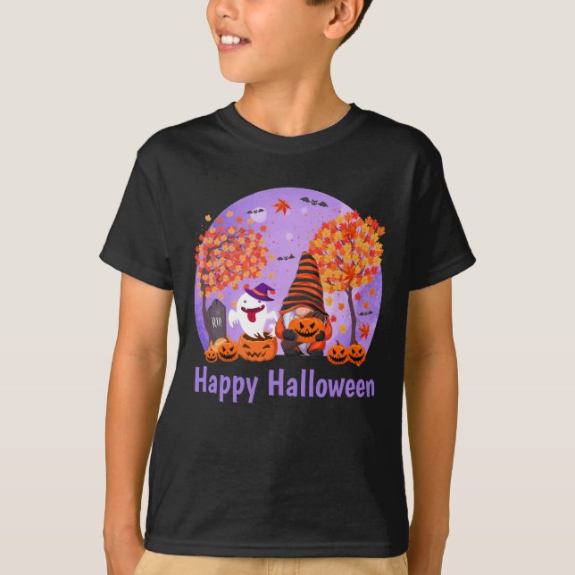 Cute Halloween Gnome And Ghost With Text Boy's T-Shirt (Front)