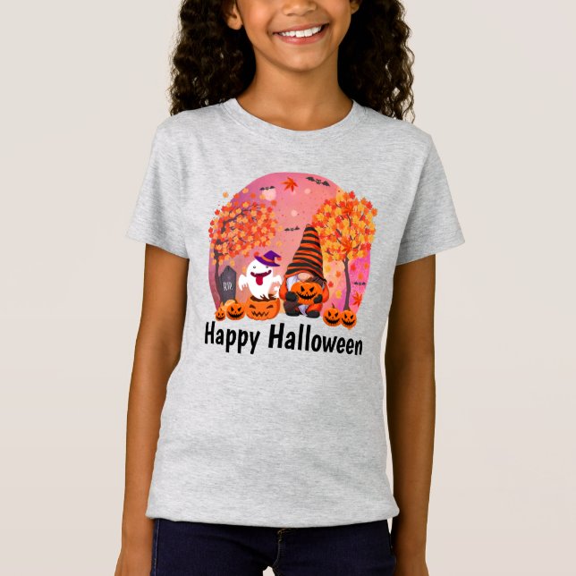 Cute Halloween Gnome And Ghost With Text Girl's T-Shirt (Front)
