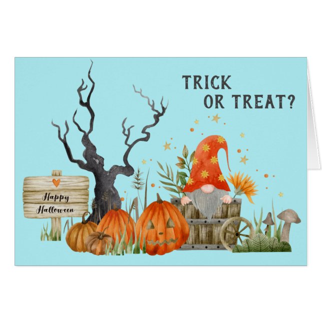 Cute Halloween Gnome Trick or Treat Cards (Front Horizontal)