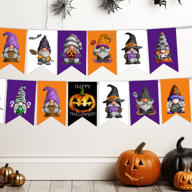 Cute Halloween Gnomes Orange Purple Party Bunting Flags (Creator Uploaded)