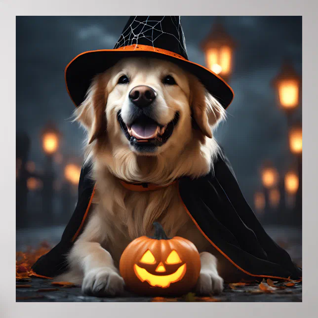 Cute Halloween Golden Retriever Dog October Fall Poster | Zazzle