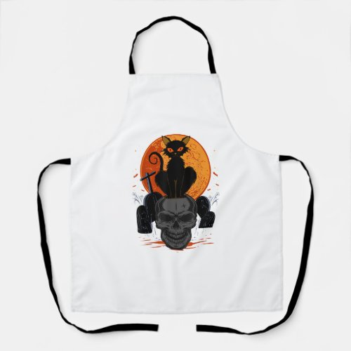 Cute Halloween Gothic Black Cat Standing On Skull  Apron