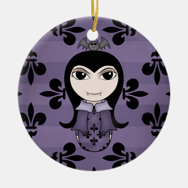 Cute Halloween Gothic vampire girl in purple Ceramic Ornament (Front)