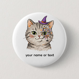 Cute Halloween Grey Tabby Cat Spiderweb Face Paint Button