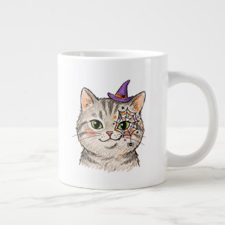 Cute Halloween Grey Tabby Cat Spiderweb Face Paint Giant Coffee Mug