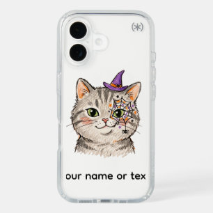 Cute Halloween Grey Tabby Cat Spiderweb Face Paint iPhone 16 Case
