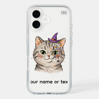 Cute Halloween Grey Tabby Cat Spiderweb Face Paint iPhone 16 Case
