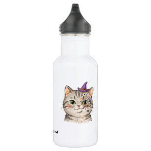 Cute Halloween Grey Tabby Cat Spiderweb Face Paint Stainless Steel Water Bottle