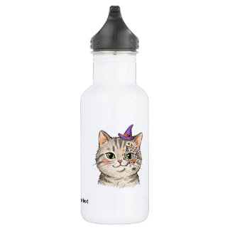 Cute Halloween Grey Tabby Cat Spiderweb Face Paint Stainless Steel Water Bottle