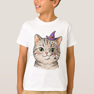 Cute Halloween Grey Tabby Cat Spiderweb Face Paint T-Shirt
