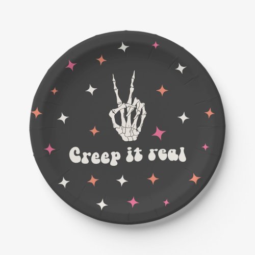 Cute Halloween Groovy Skeleton Creep it Real Paper Plates