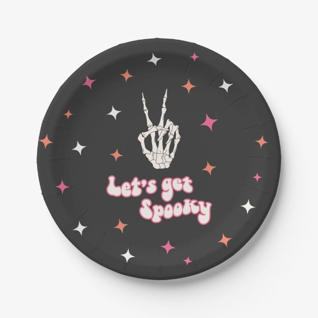 Cute Halloween Groovy Skeleton Paper Plates (Front)