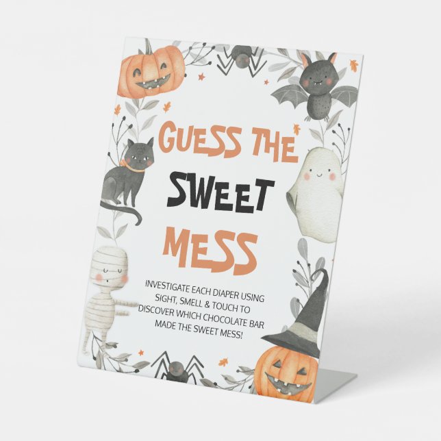 Cute Halloween Guess the Sweet Mess Baby Shower Pedestal Sign (Front)
