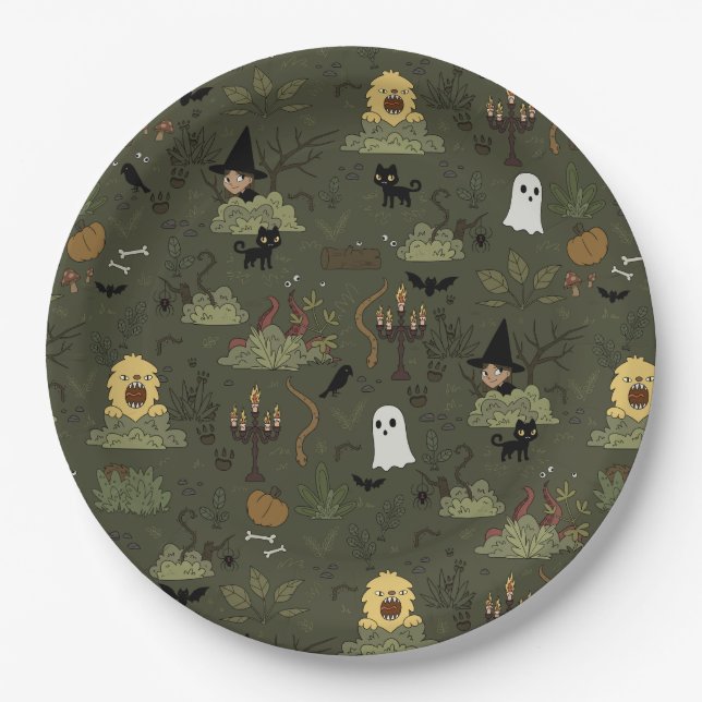 Cute Halloween Haunted Forest Pattern Paper Plates (Front)