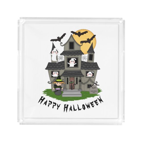 Cute Halloween haunted house and little witch Acrylic Tray