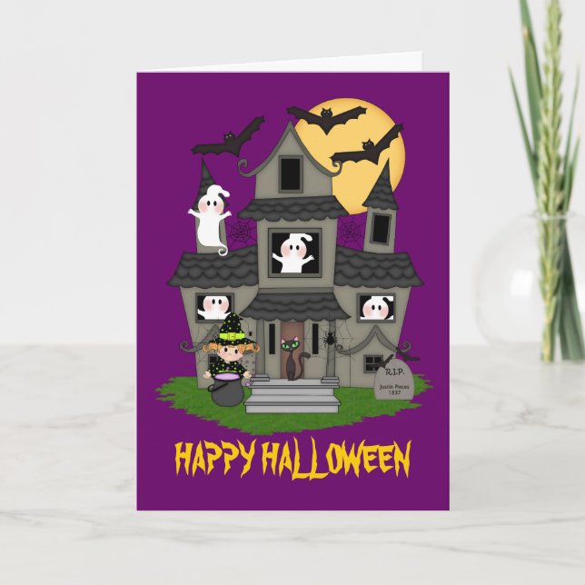 Cute Halloween haunted house and little witch Card (Front)