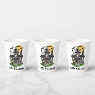 Cute Halloween haunted house and little witch Paper Cups