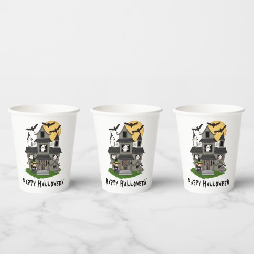 Cute Halloween haunted house and little witch Paper Cups