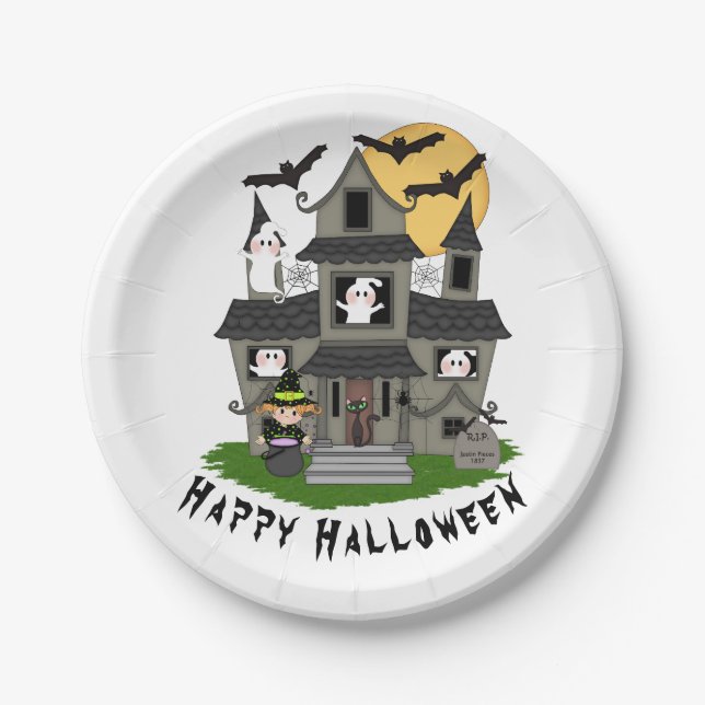 Cute Halloween haunted house and little witch Paper Plates (Front)