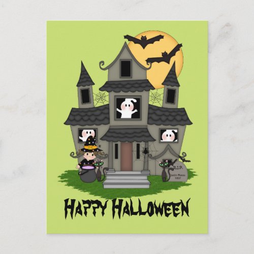 Cute Halloween haunted house and little witch Postcard