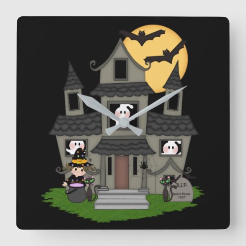 Cute Halloween haunted house and little witch Squa Square Wall Clock