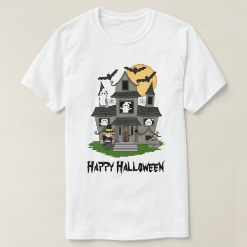 Cute Halloween haunted house and little witch T_Shirt
