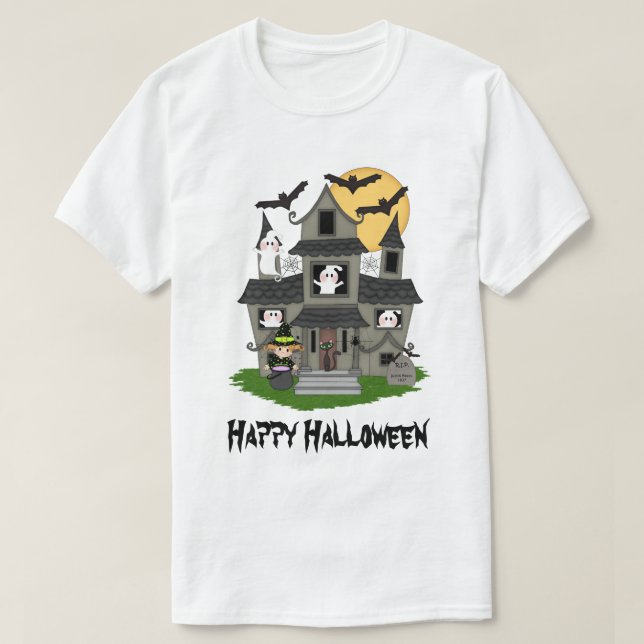 Cute Halloween haunted house and little witch T-Shirt (Design Front)