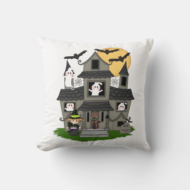 Cute Halloween haunted house and little witch Thro Throw Pillow (Front)