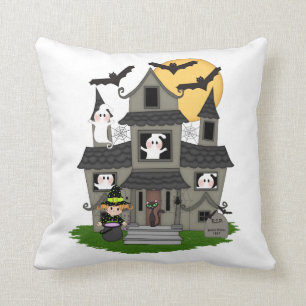 Cute Halloween haunted house and little witch Thro Throw Pillow