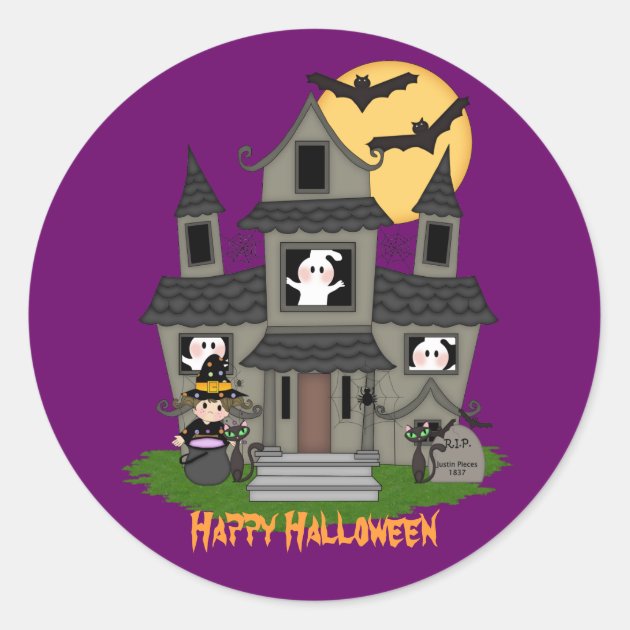 Cute Halloween Haunted House & Little Witch Classic Round Sticker