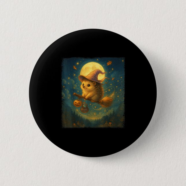Cute Halloween Hedgehog Broom Ride With Potion And Button (Front)