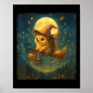 Cute Halloween Hedgehog Broom Ride With Potion And Poster