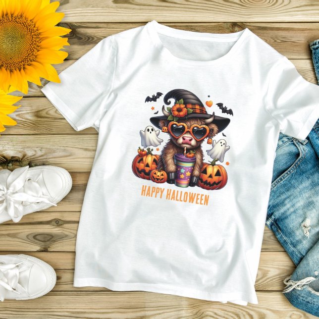 Cute Halloween Highland Cow Coffee Personalized T-Shirt (Halloween Highland Cow Drinking Coffee Cute Funny Halloween T-shirt for Mom or any women)